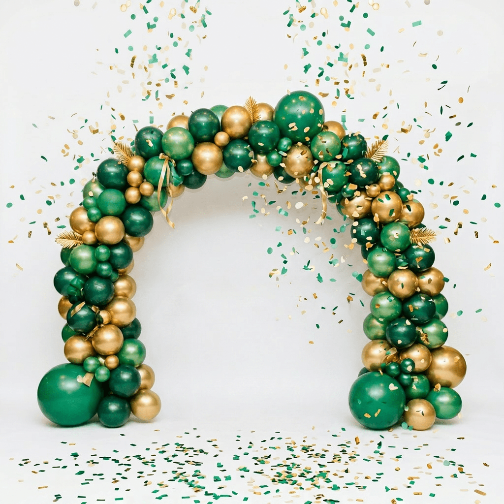 Green and gold balloon arch around a wooden table with flowers and gifts, confetti falling